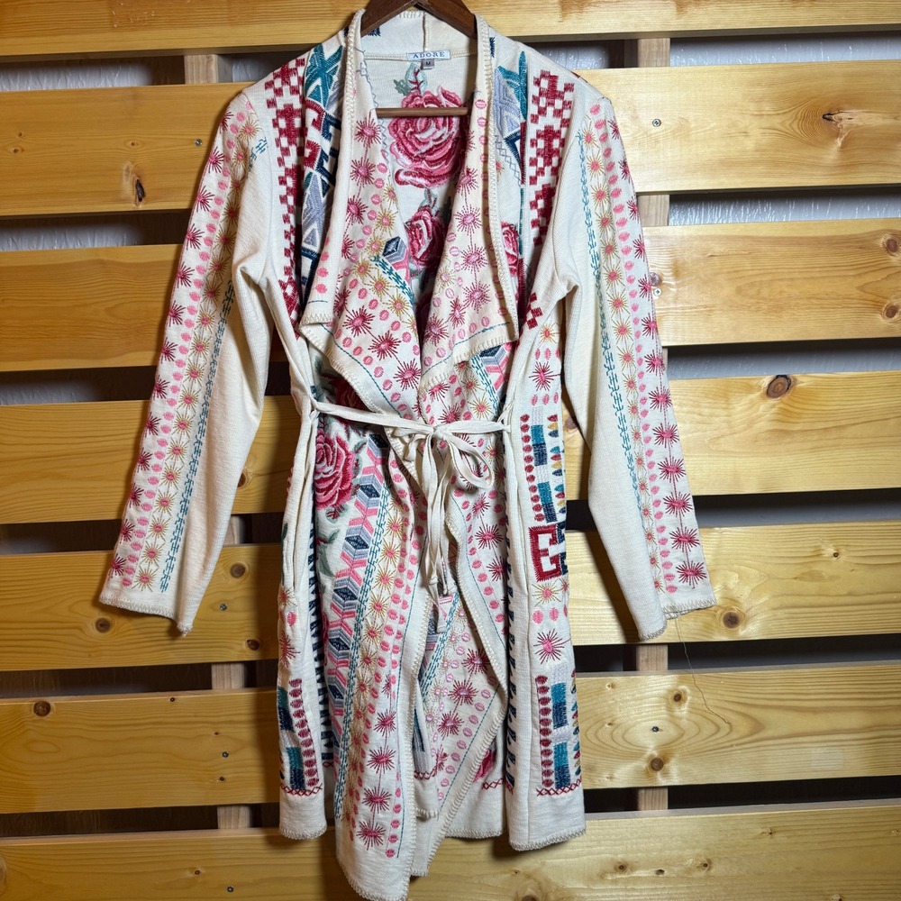 Adore Embroidered Floral Duster Jacket Women Medium Boho Festival Artsy Chic